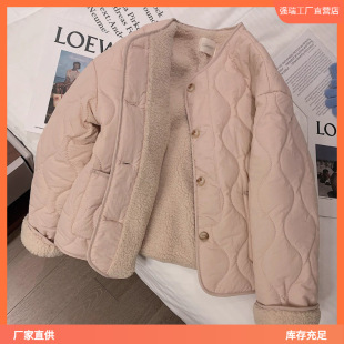 Pink Lamb Fleece Cotton-padded Coat Women's 2025 Winter New Korean Style Thickened Crewneck Lamb Wool Coat Cotton-padded Coat Fashion
