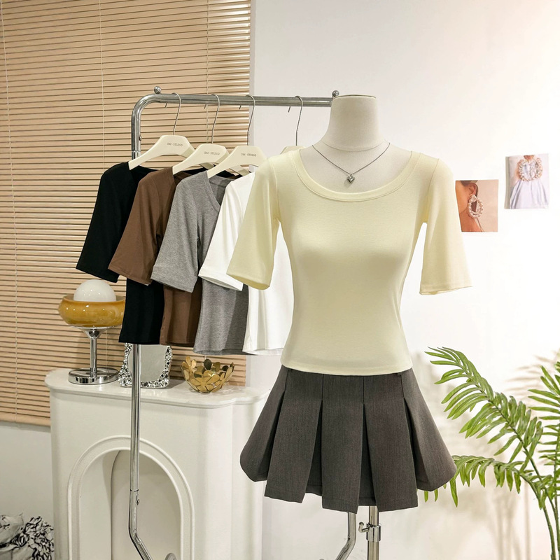 Solid color mid-sleeve U-neck t-shirt, Korean style new slim-fit versatile elegant ice silk ribbed top 6124