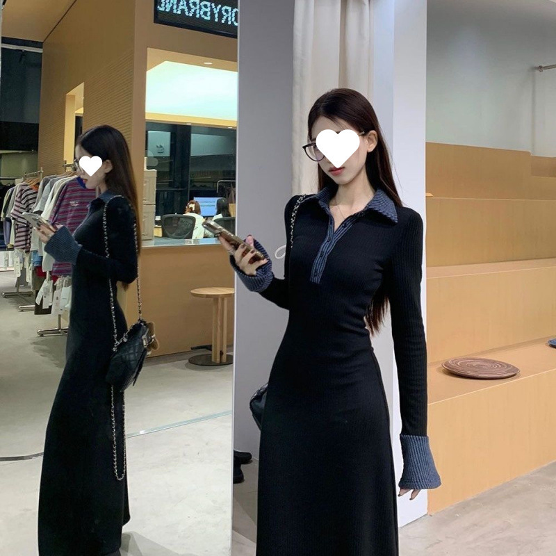 黑色拼接Polo领连衣裙女秋冬季新款长袖收腰裙子复古气质a字长裙