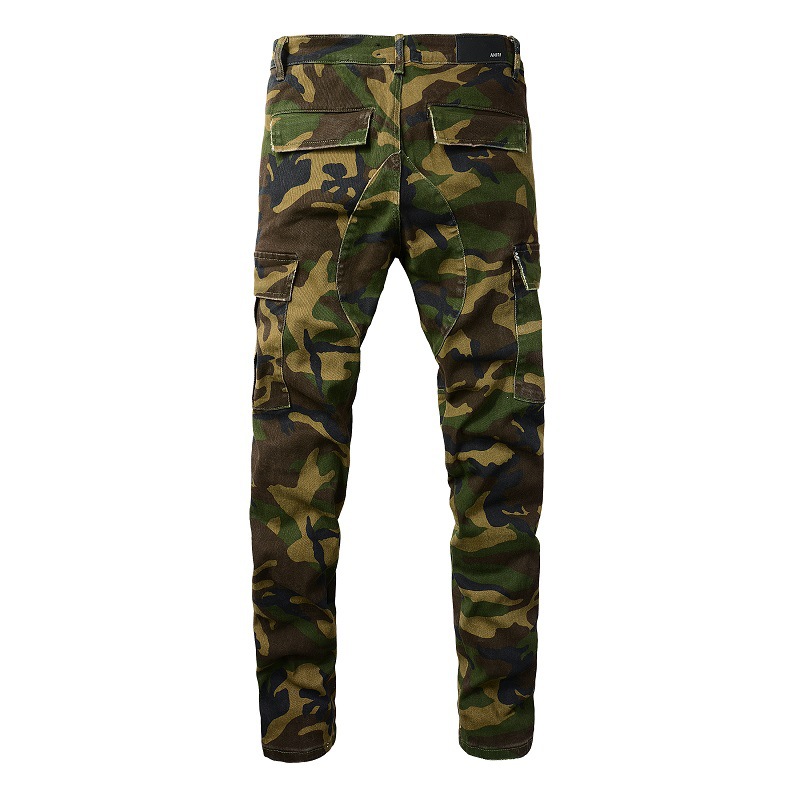 Men's Clothing high street ins same style washed and distressed multi pocket style youth slim camouflage skinny pants jeans_voghion.com