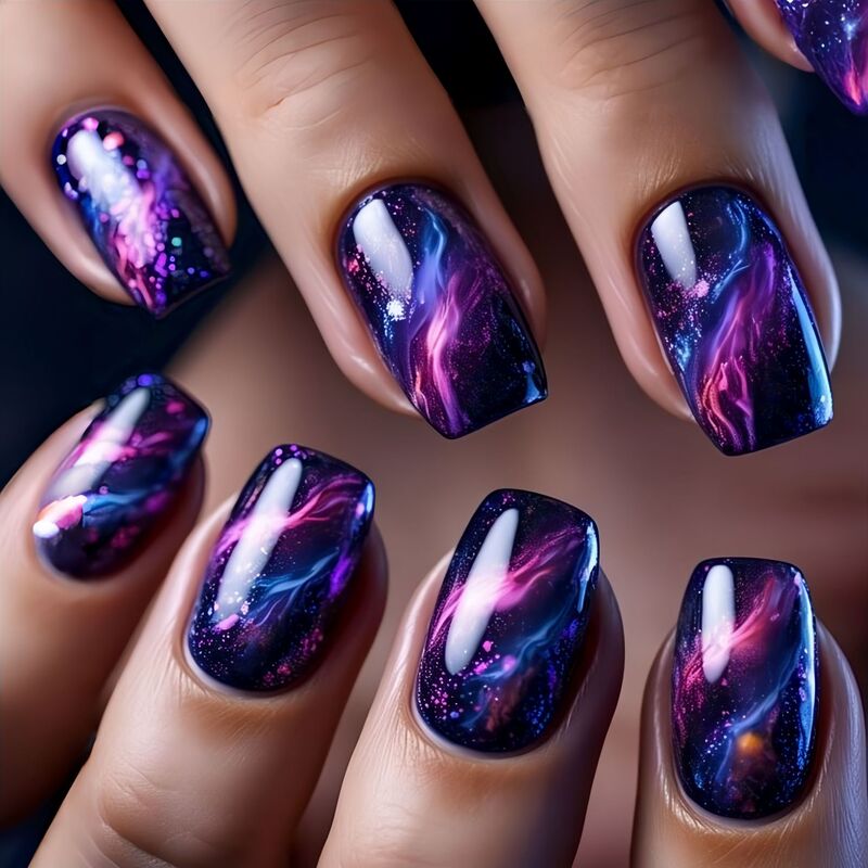 Blue Gradient Smudged Mid-Length European Square Manicure Patch European and American Fashion Manicure Patch Removable and Wearable