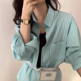 薄荷蓝绿色条纹通勤开衫衬衫女 2025 秋季新款早春上衣衬衣法式日