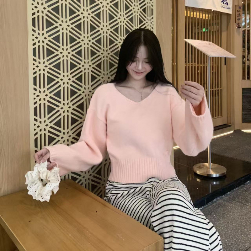 早秋韩国东大门modimood大V领斜露肩收腰侧扣针织衫宽松毛衣女潮|undefined