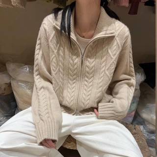 麻花拉链毛衣外套女2026秋冬季保暖设计感小众外穿慵懒风针织开衫