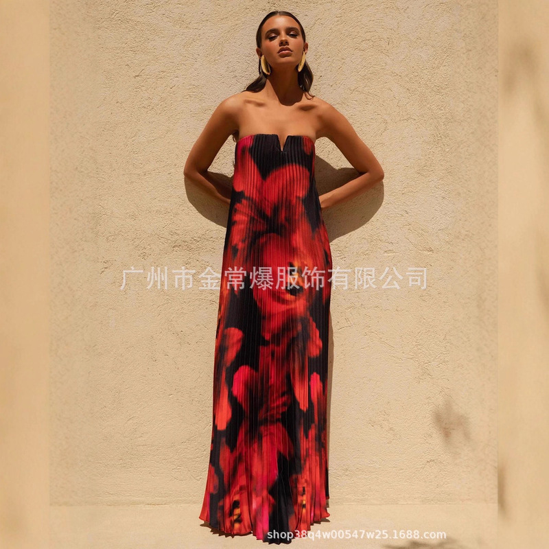 2025欧美跨境亚马逊时尚气质印花褶皱连衣裙无袖抹胸法式度假长裙|undefined