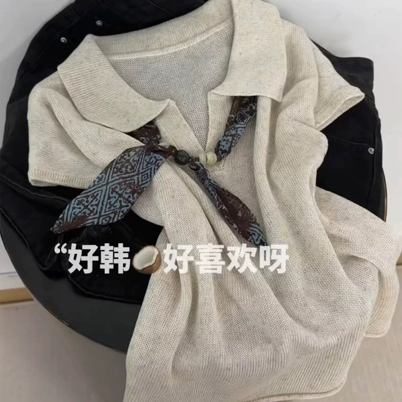 Recommended! so Beautiful~ Cement Gray Lyocell Linen Old Money Style Tie-Dye Silk Scarf V-Neck Knit Short-Sleeve Women's Top Recommended! so Beautiful~ Cement Gray Lyocell Linen Old Money Style Tie-Dye Silk Scarf V-Neck Knit Short-Sleeve Women's Top