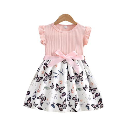 Shopify Bestselling Girls' Round Neck Short Sleeve Plated Princess Dress with Butterfly Print Dress + Belt Children's Clothing