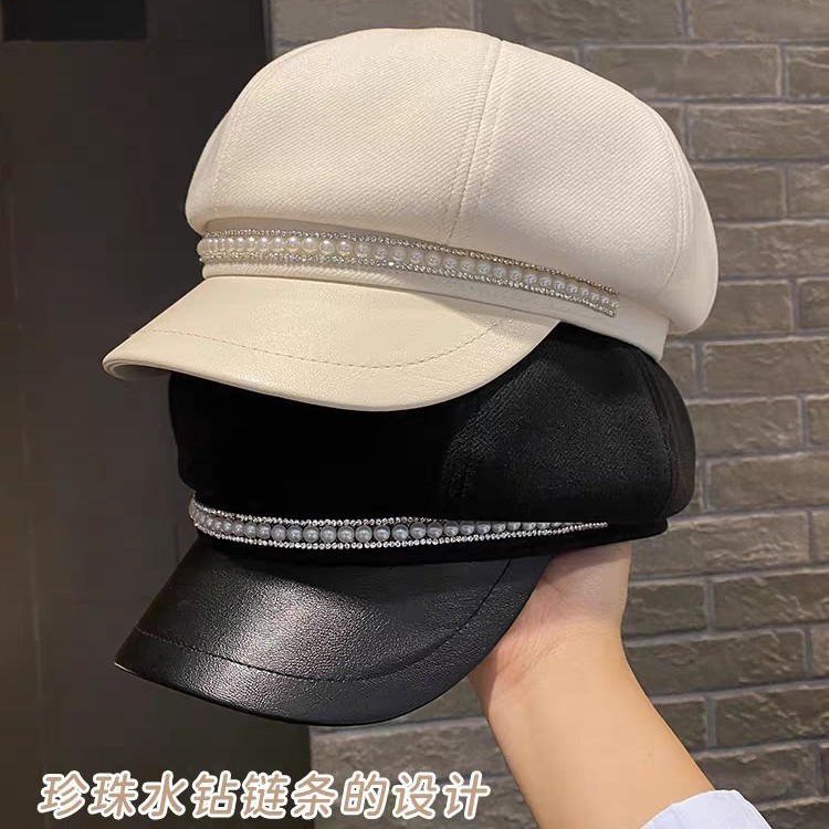日系设计师款珍珠贝雷帽子女春秋韩版潮八角英伦复古画家帽蓓蕾帽|undefined