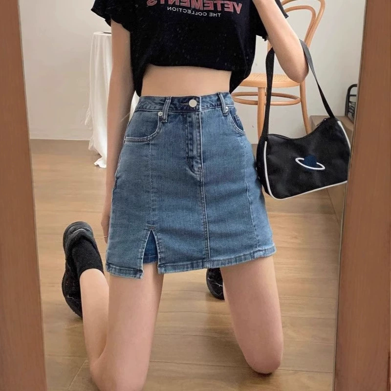 Летняя тонкая джинсовая юбка 2025 года женская эластичная высокая талия с открытой вилкой ягодичная юбка