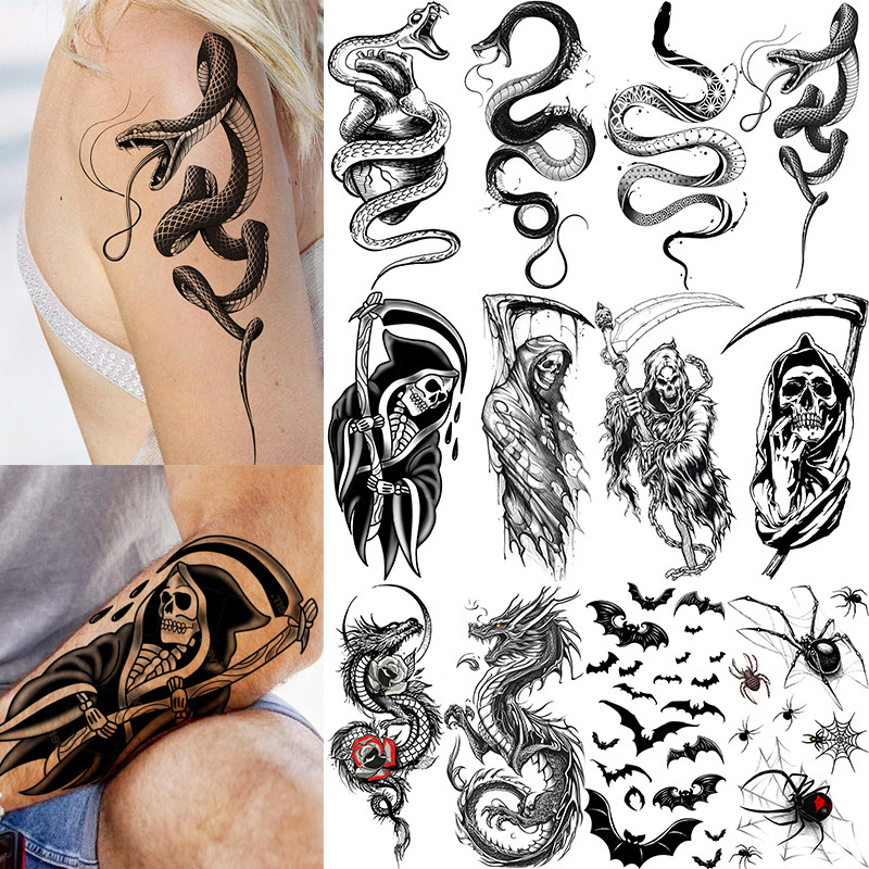 New Product Snake Skull Dragon Spider Cross-Border Tattoo Stickers Temporary Tattoo Stickers for Arms and Legs Temu European and American Tattoo