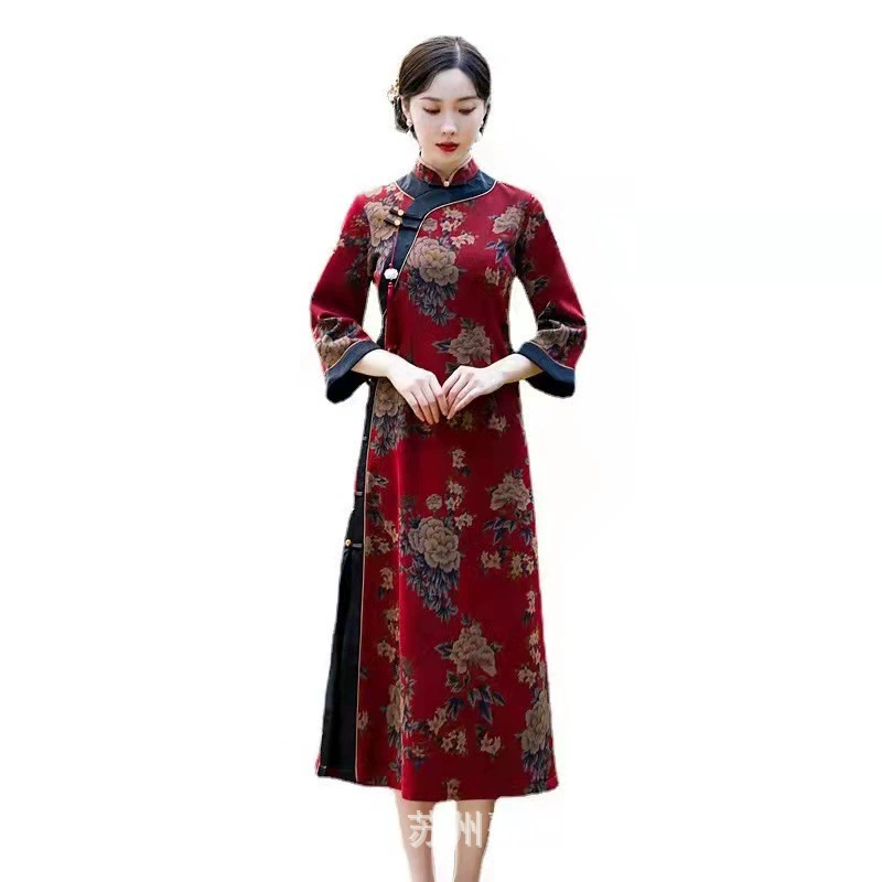 Ретро демисезонный чонсам, тёплое вечернее платье