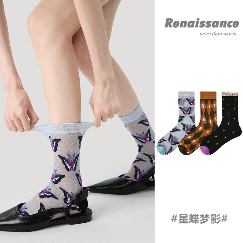Renaissance New Chinoiserie Summer Mesh Thin Breathable Butterfly Lace Mid-Calf Socks Literary and Fashionable Women's Socks