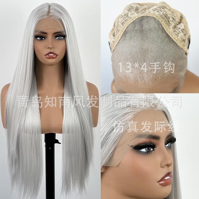 Foreign Trade Silver-Gray Wig, Long Straight Hair, Hand-Tied Lace Front 13*4, Cosplay Ao Guang Full Wig, Cross-Border Wholesale