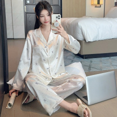 法式简约睡衣女款春秋季元素波点长袖长裤冰丝缎面家居服套装批发