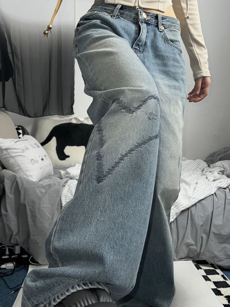 Women's Clothing Vintage Floral Print Low-Rise Wide-Leg Jeans For Women – Plus Size Comfort & Retro Style​_mkmklike.com