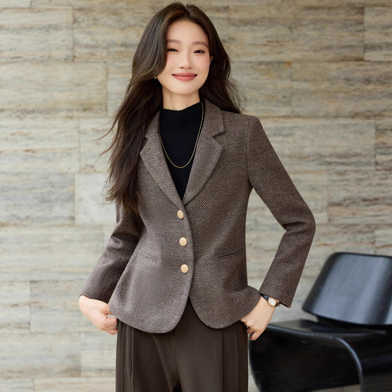 Brown Long-Sleeved Small Suit Collar Jacket for Women in Autumn and Winter New Style Professional Casual Fashion Slimming Look Elegant Versatile