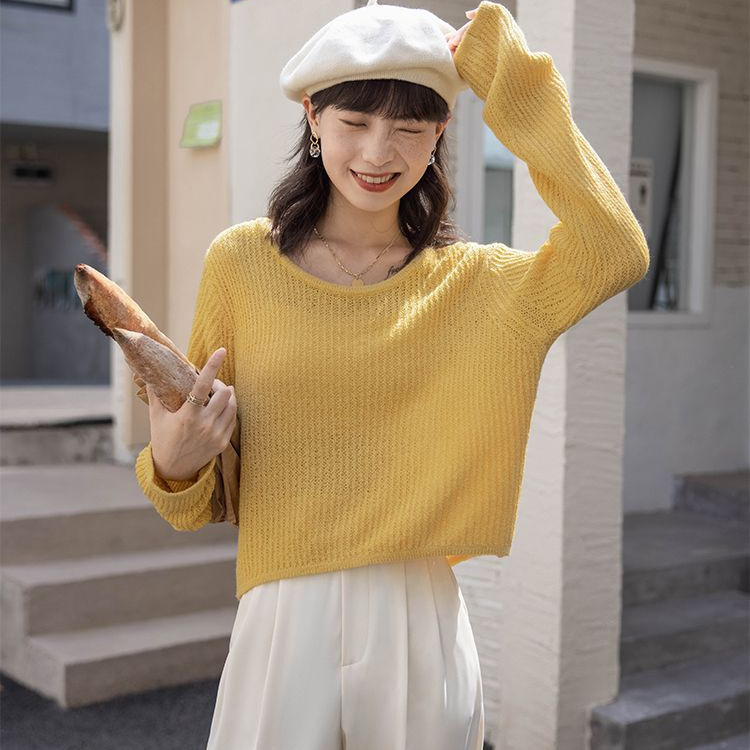 Clavícula corta camiseta de punto para mujeres 2025 primavera nuevo hueco vento perezoso blusa de color sólido camiseta de manga larga suelta image 4