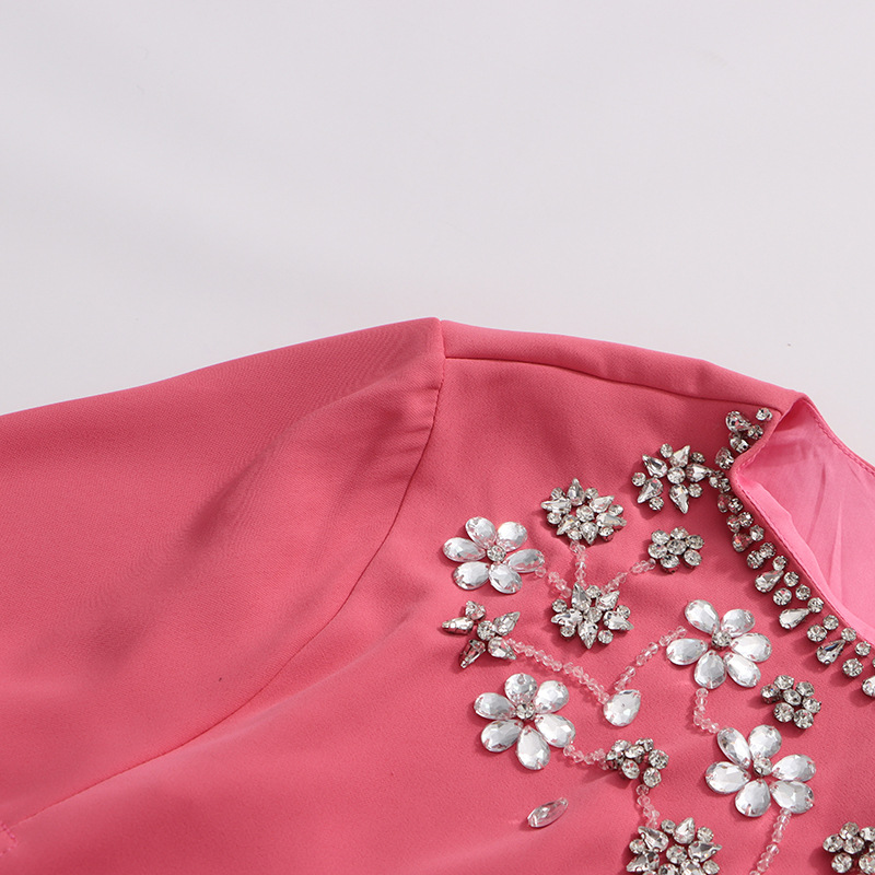 Elegant French-Style Cape Dress With Rhinestone Details - Flowy Batwing Sleeve Maxi Dress For Women, Soft Pink Pure Color Stretch_ecoleips.com