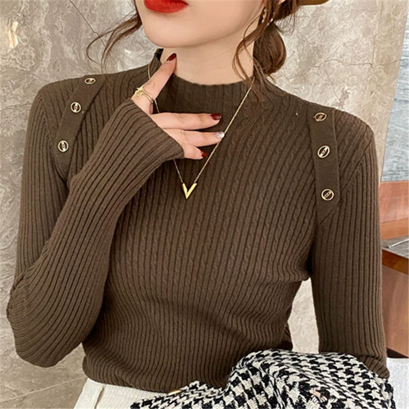 Женский трикотажный топ-поло с высоким воротом, осень-зима 2025, новый корейский стиль, облегающий белый универсальный свитер