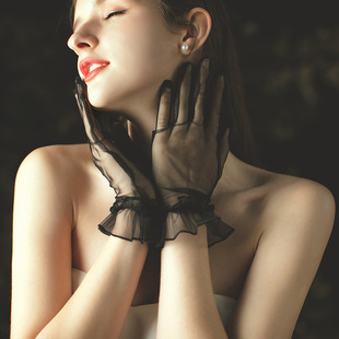 Korean Mori simple black sexy wedding bridal wedding dress evening gloves ruffled gloves