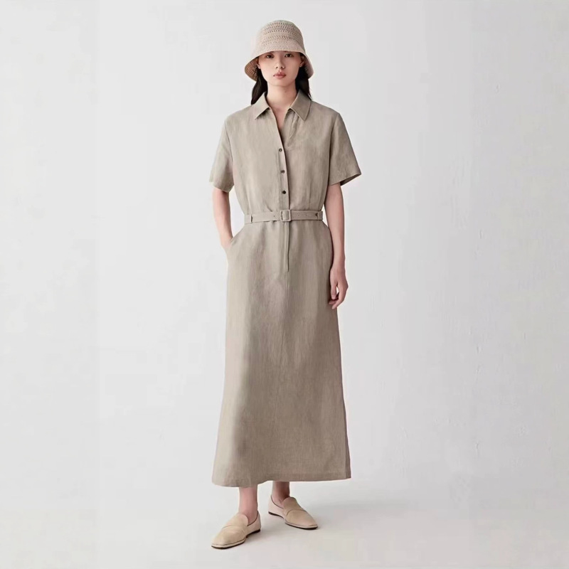 Xiaohe Women's Clothing Mall's Same Style 2026 Summer New Versatile Casual Waist-Cinching Slimming Plain Fabric Mid-Length Dress