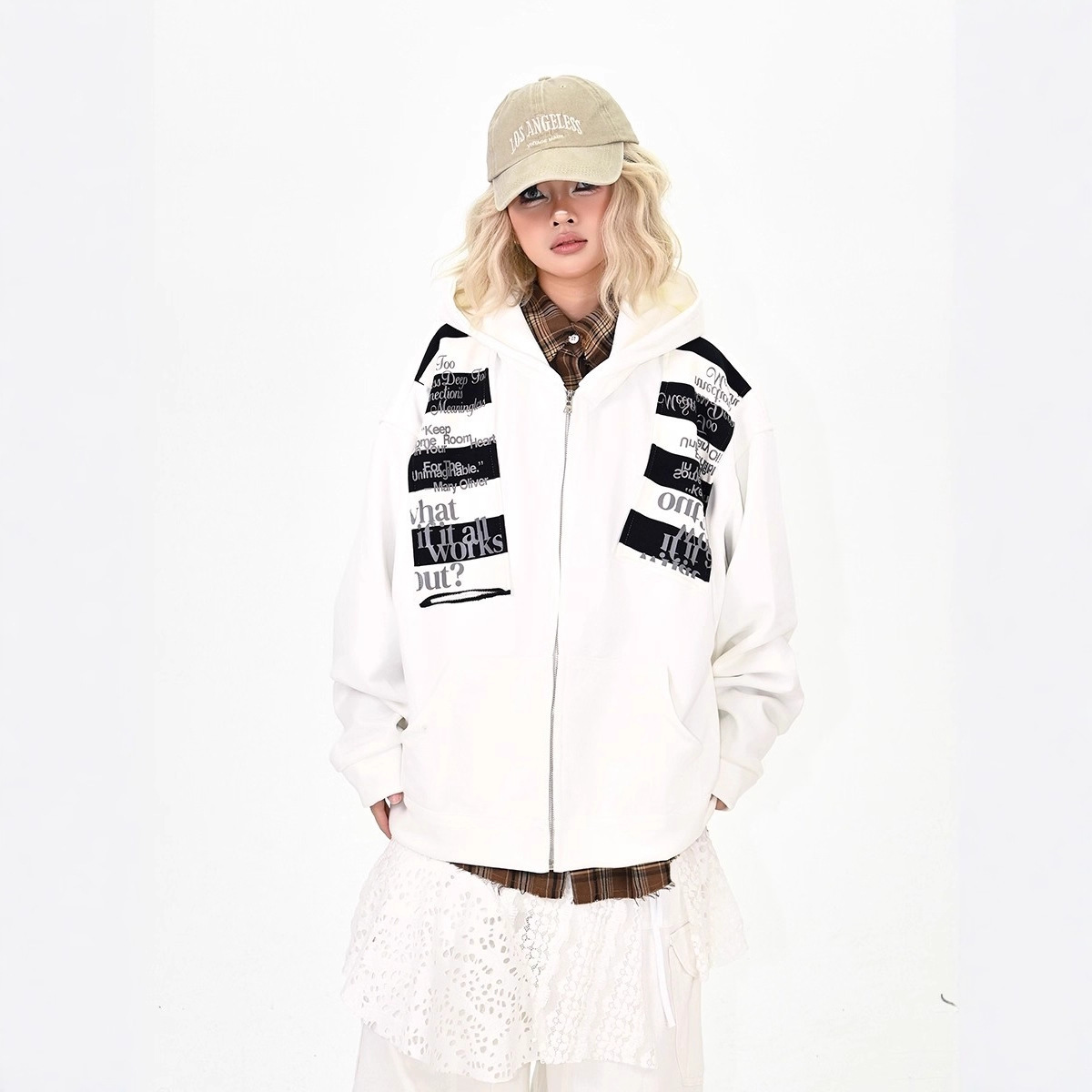 White Spliced ​​Letter Hooded Sweatshirt Cardigan for Women 2025 Autum New Loose Bf Preppy Style Jacket