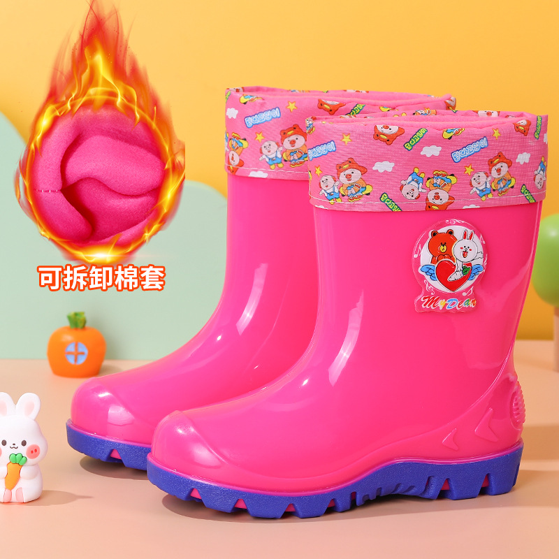 Nuevas botas de lluvia para niños, botas de agua, calidez más terciopelo, hombres y mujeres, zapatos de agua de dibujos animados impermeables y antideslizantes, botas de nieve de goma suave