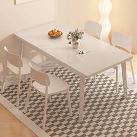 实木腿餐桌家用小户型简约奶油风长方形客厅餐桌椅组合白色饭桌子
