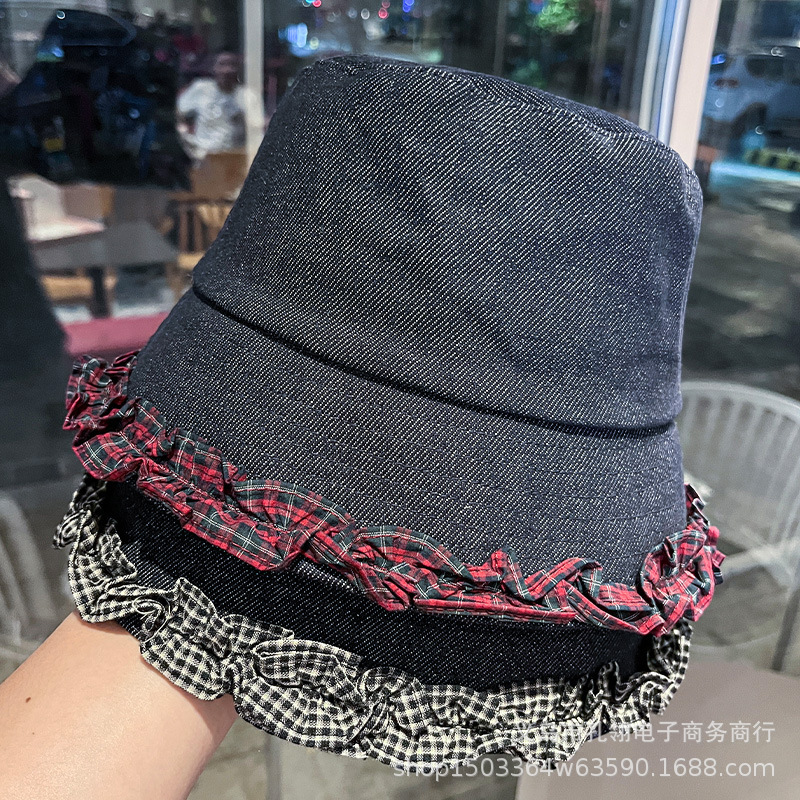 2025新款日系文艺复古格子渔夫帽女秋冬季小众设计感牛仔花边盆帽|undefined