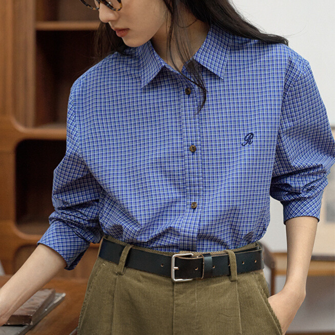 HAVE/RICE Restaurant Haiyan Diary Cotton Yarn-dyed Korean Retro Joker MIU Blue Plaid Shirt