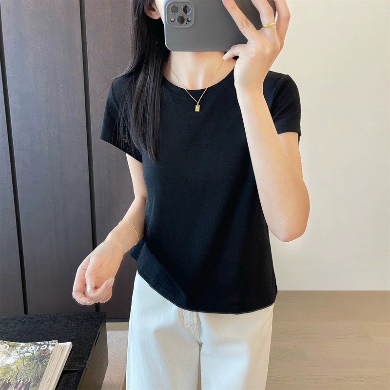 夏用の女性用テクスチャードショルダーソリッドカラーカジュアルラウンドネック半袖Tシャツ、ゆったり、多用途、スリム、通気性、薄い半袖|undefined
