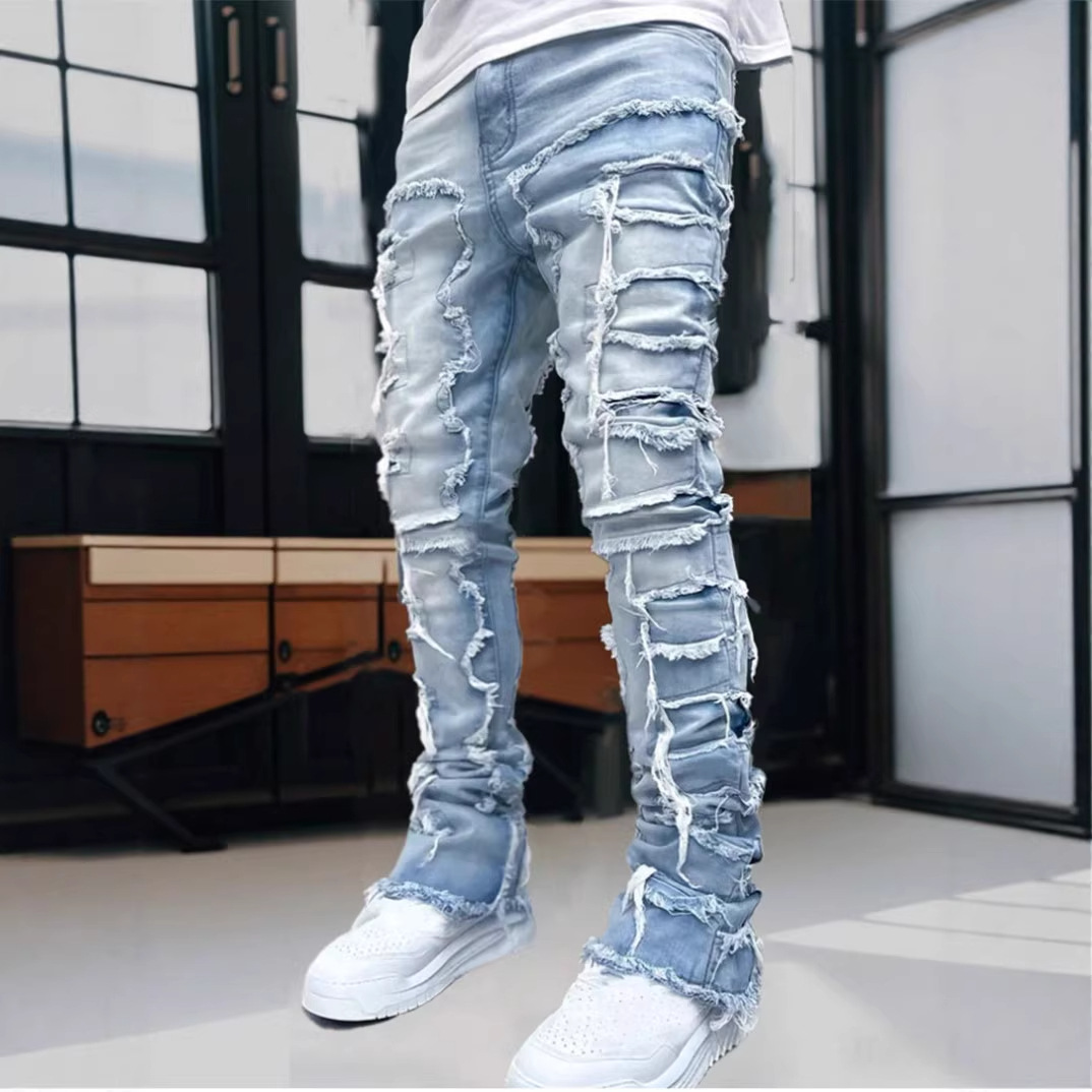 Men's Distressed Denim Jeans Slim Straight High Street Fashion Patchwork Raw Hem Casual Breathable Cotton Blend Pants_mkmklike.com