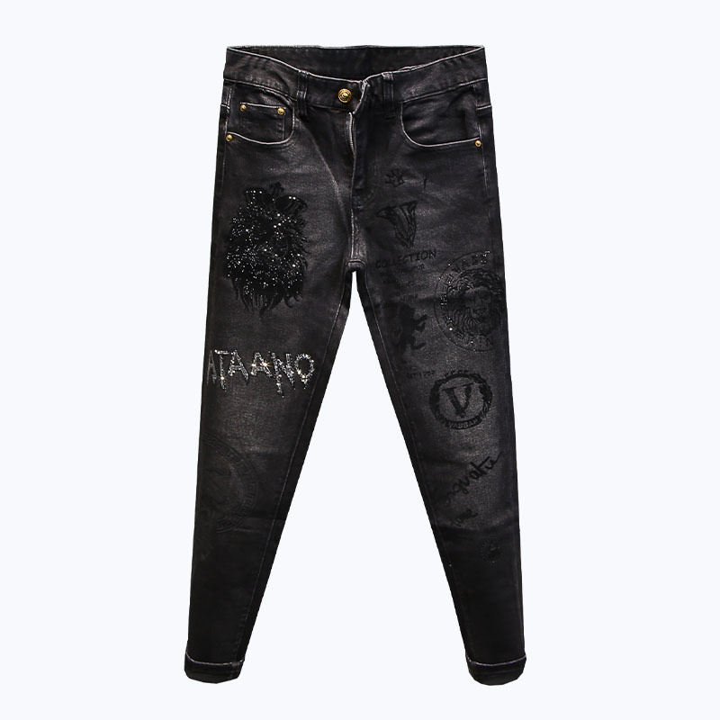 Herrenbekleidung Station Hot Diamond Jeans Herren elastische schmal geschnittene Hose Herbst bestickte Hose bedruckte Herrenhose_voghion.com