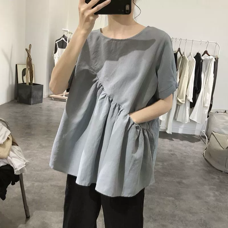 2023 Летний новый стиль нерегулярный хлопок льна рубашка новый топ с короткими рукавами для женщин