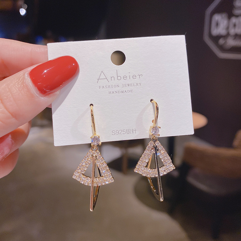 Fashion geometric triangle threedimensional tower copper inlaid zircon earrings wholesalepicture1