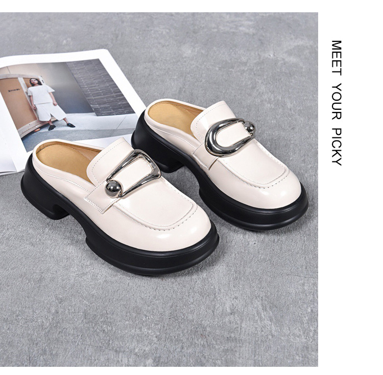 Dép sục bít mũi da thật mũi to đế dày phong cách loafer — Màu đen chi tiết 15