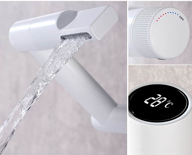 The Maneki Neko faucet shows temperature. It features a full copper swing arm washbasin gun and a gray LED digital display undefined