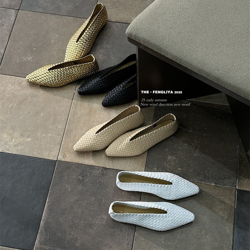 The·Fengliya Pointed Square Toe Braided Monk Shoes Women's Lambskin Shallow Mouth Niche Low-Heeled Flats Shoes The·Fengliya Pointed Square Toe Braided Monk Shoes Women's Lambskin Shallow Mouth Niche Low-Heeled Flats Shoes