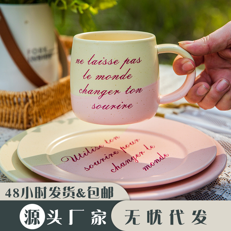 Romantic French Pink Spliced ​​Ceramic Mug Afternoon Tea Dessert Plate Cup Cafe Restaurant Gift Set