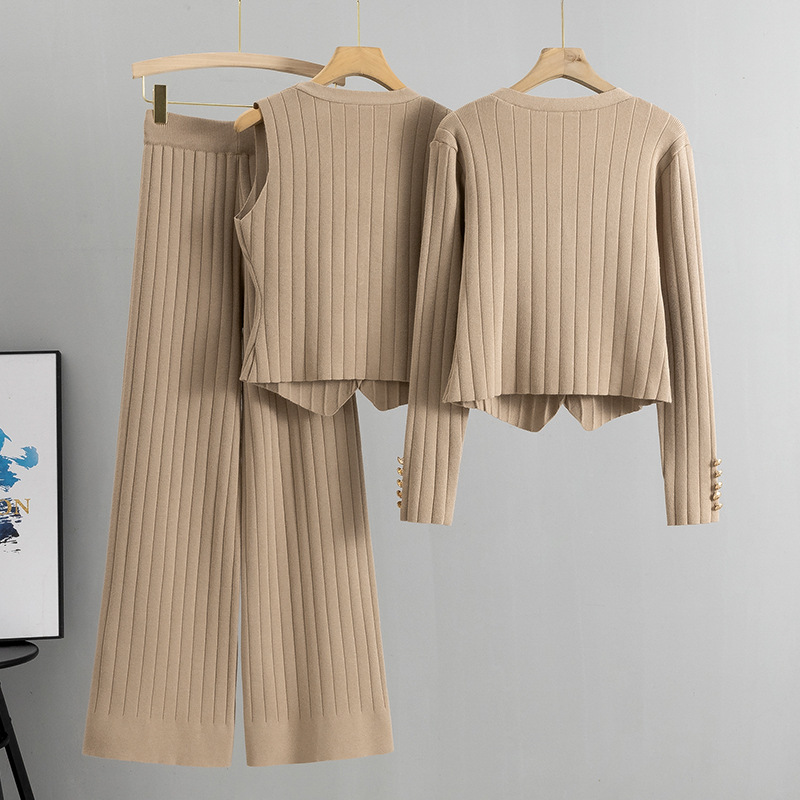 Dreiteiliges Set bestehend aus schmal geschnittener Hose mit weitem Bein und Pullover, Damen-Strickjacke mit neuer Weste_voghion.com