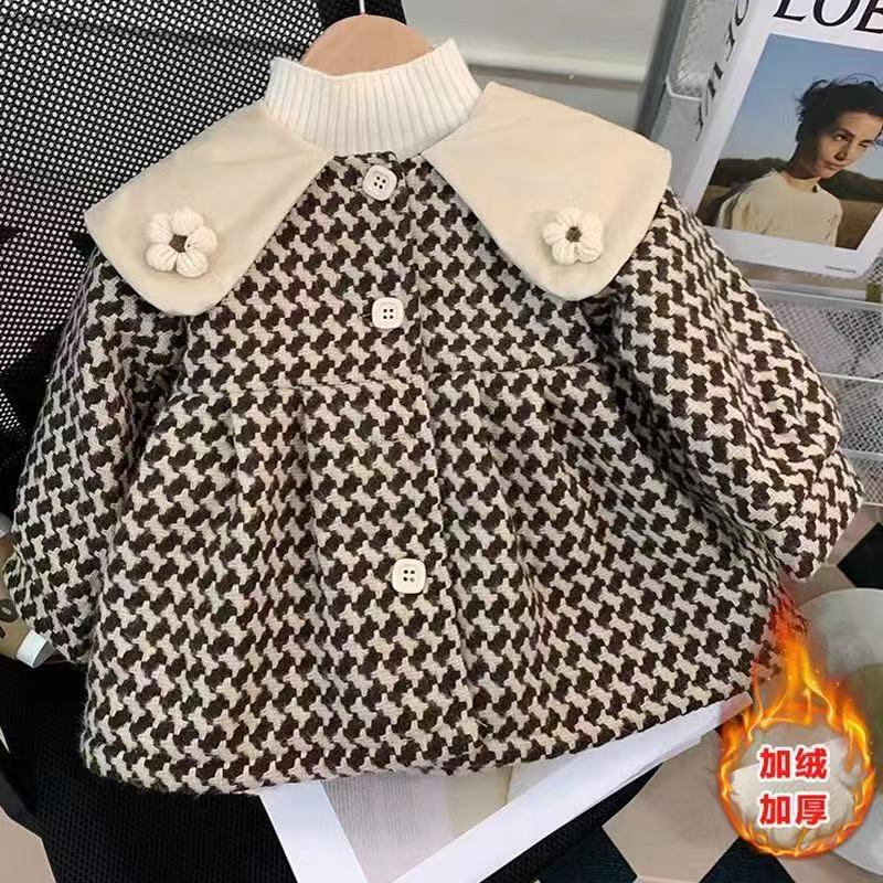 女童呢子外套秋冬洋气2025新款小童千鸟格女宝宝加绒加厚毛呢冬装|undefined