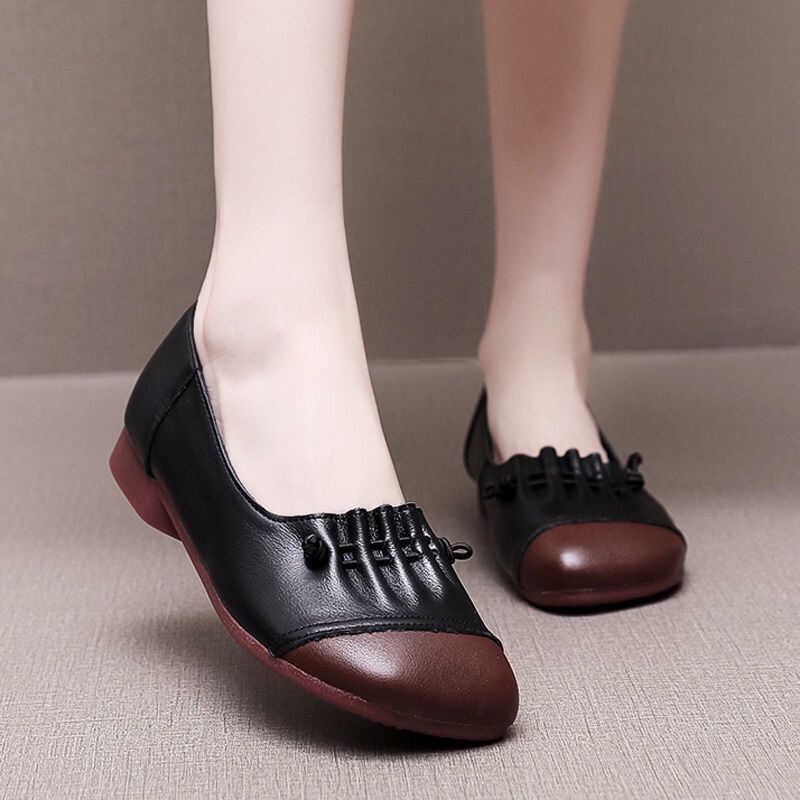 Brand Discount Flats Soft Leather Soft Sole Mom Shoes 2024 Spring and Summer New Retro Flats Middle-Aged and Elderly Women's Leather Shoes