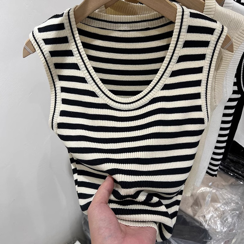 Striped Ice Silk Short Knit Tank Top for Women, 2026 New Trendy Sleeveless Base Layer Top Striped Ice Silk Short Knit Tank Top for Women, 2026 New Trendy Sleeveless Base Layer Top