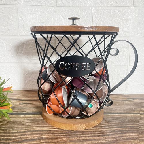 Factory Direct Sales Iron and Wood Coffee Capsule Storage Basket Kitchen Living Room Shelf Entertainment Wedding Occasion Prop Wholesale