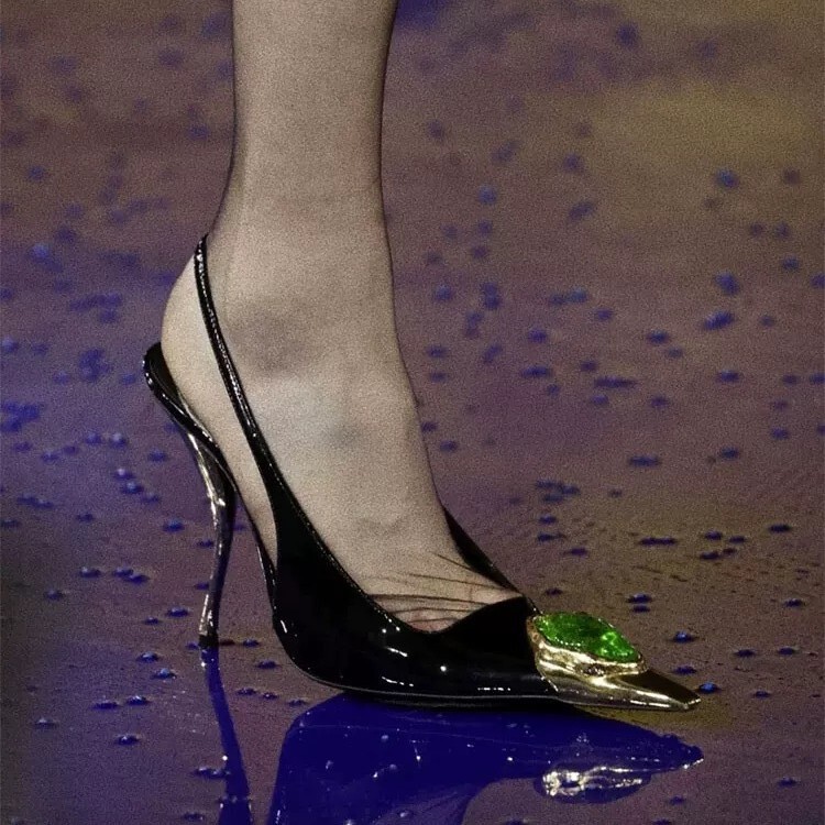 2025 spring and summer new shallow mouth small square toe stile high heel patent leather gemstone sandals sexy metal head front bag back empty