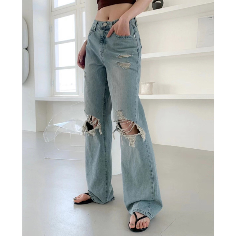 New 2026 Summer Style Korean Designer Straight-Leg, Drapey, Distressed, Ripped, Floor-Length Jeans