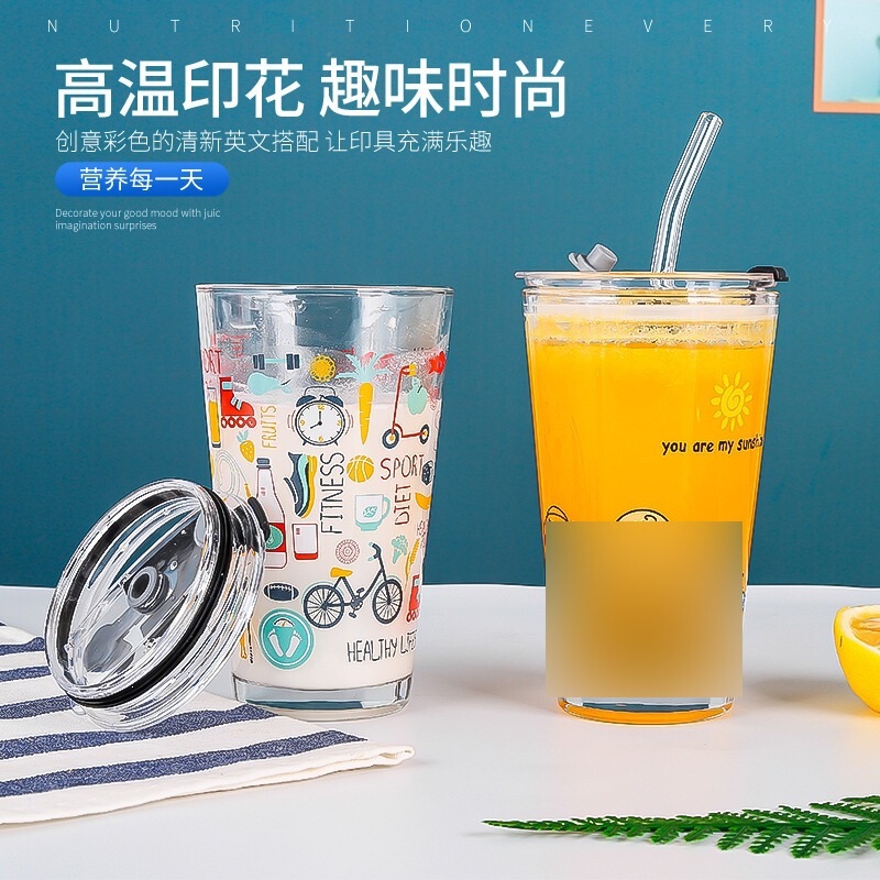 Customized Cartoon Transparent Glass Large-Capacity Beverage Cup with Straw, High-Quality Graduated Cup, Sealed and Leak-Proof Double Drinking Cup