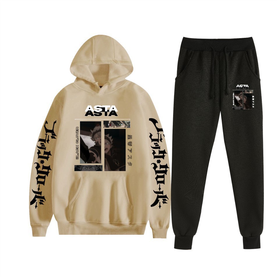 Traje de suéter con capucha suelto de dos piezas de trébol de cuatro hojas negro para hombres y mujeres con estampado de letras nuevas transfronterizas