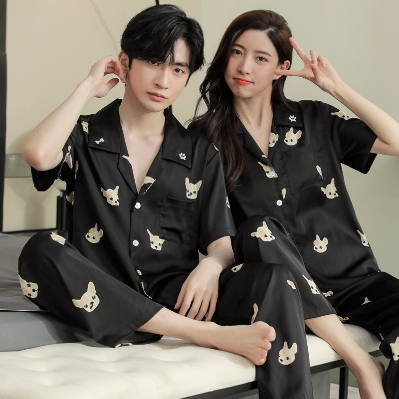 Summer Youth Korean Style Couple Ice Silk Thin Pajamas Short-Sleeved Trousers Suit Men and Women Cartoon Silk Home Clothes
