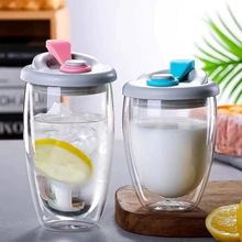 双层隔热牛奶咖啡杯带盖玻璃果汁喝水杯家用透明玻璃蛋型杯随手杯